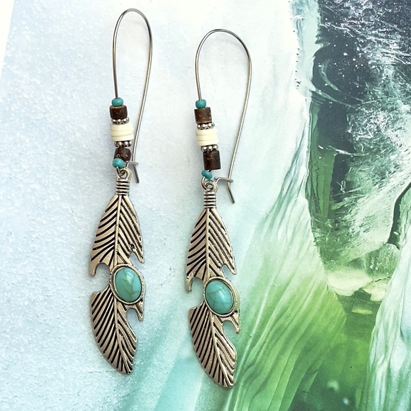 🆕 Bohemian Tibetan Silver Turquoise Feather Drop Dangle Earrings - Picture 1 of 4